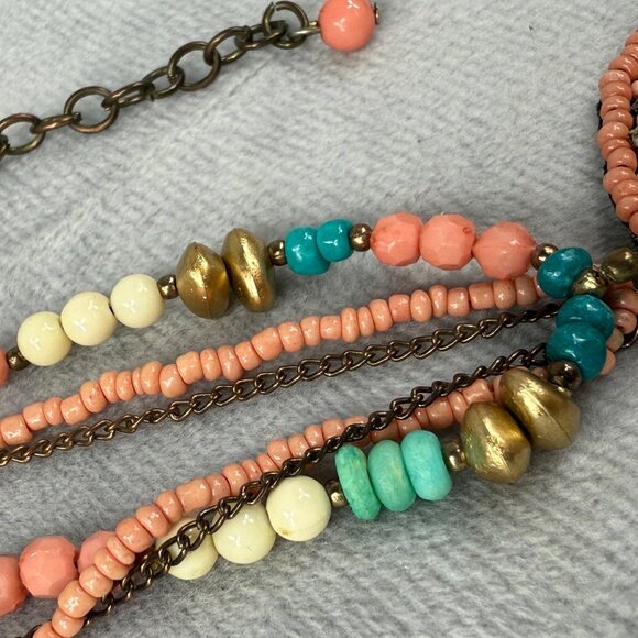 Beaded Multicolor Pendant Necklace Coral Turquoise Gold Colors Shell Accents - Picture 5 of 16